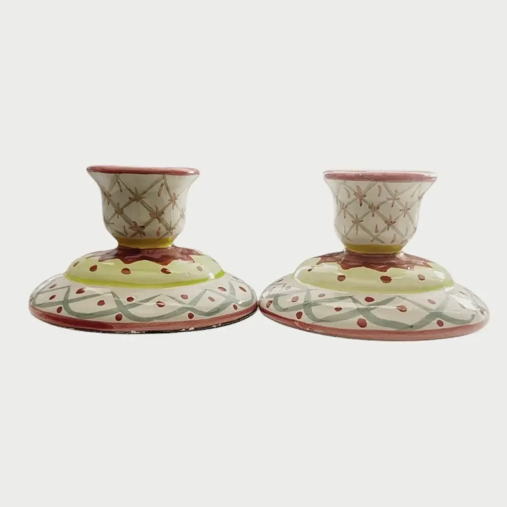 Vintage Set of 2 Boho Colorful Ceramic Candleholders￼